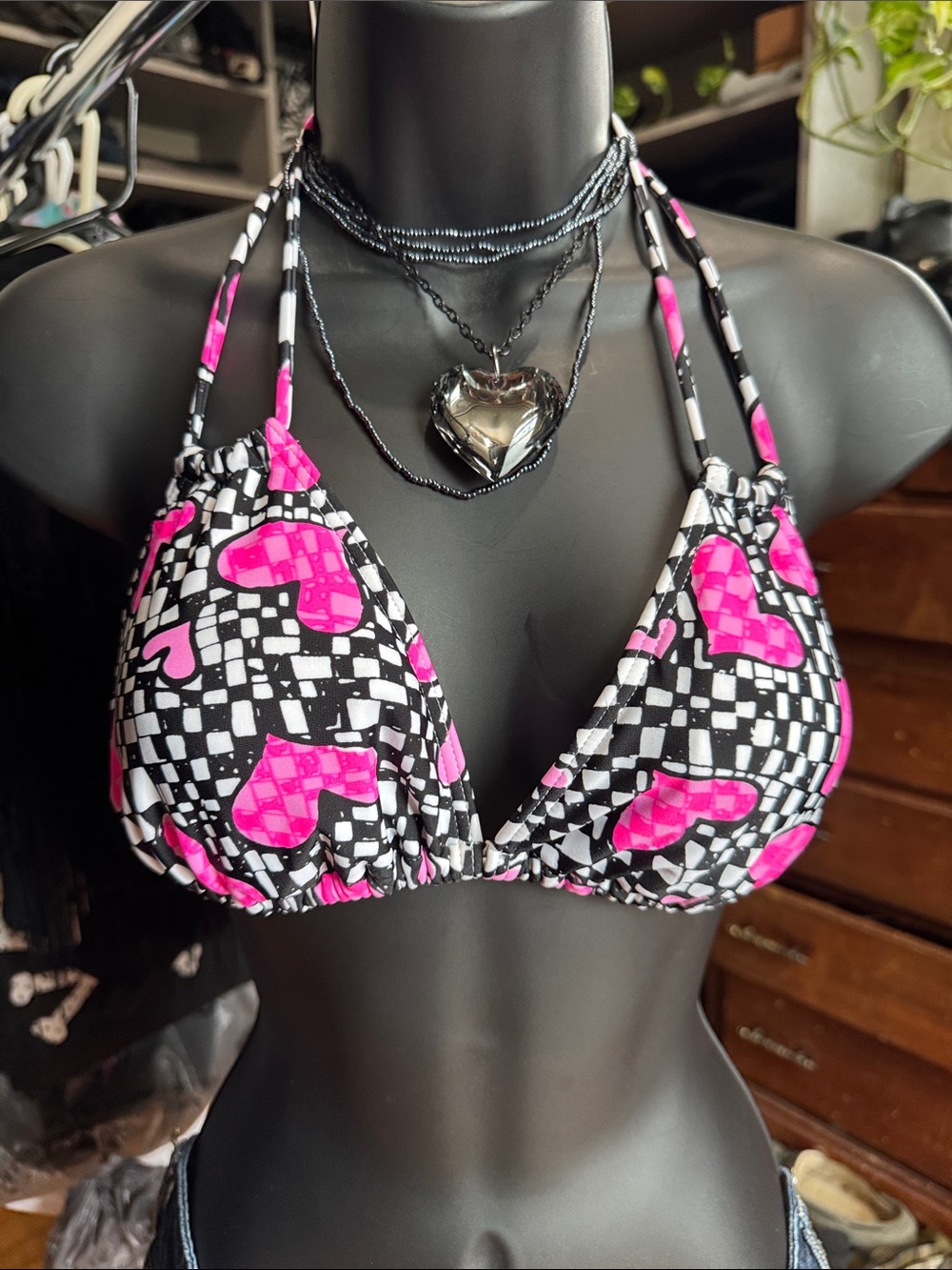 Black & Hot Pink Heart Print Triangle Bikini Top